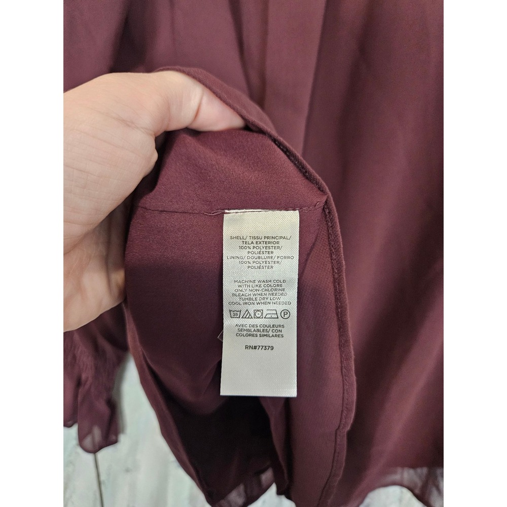 NWT Ann Taylor Blouse Size L Burgundy Smocked Mock Neck Ruffle Sheer Sleeve - Picture 5 of 8